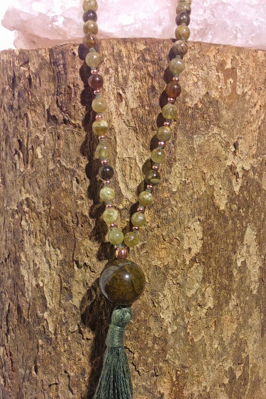 Mala 108 Pietra Serpentina nobile, Pietra Guru Agata, Rame