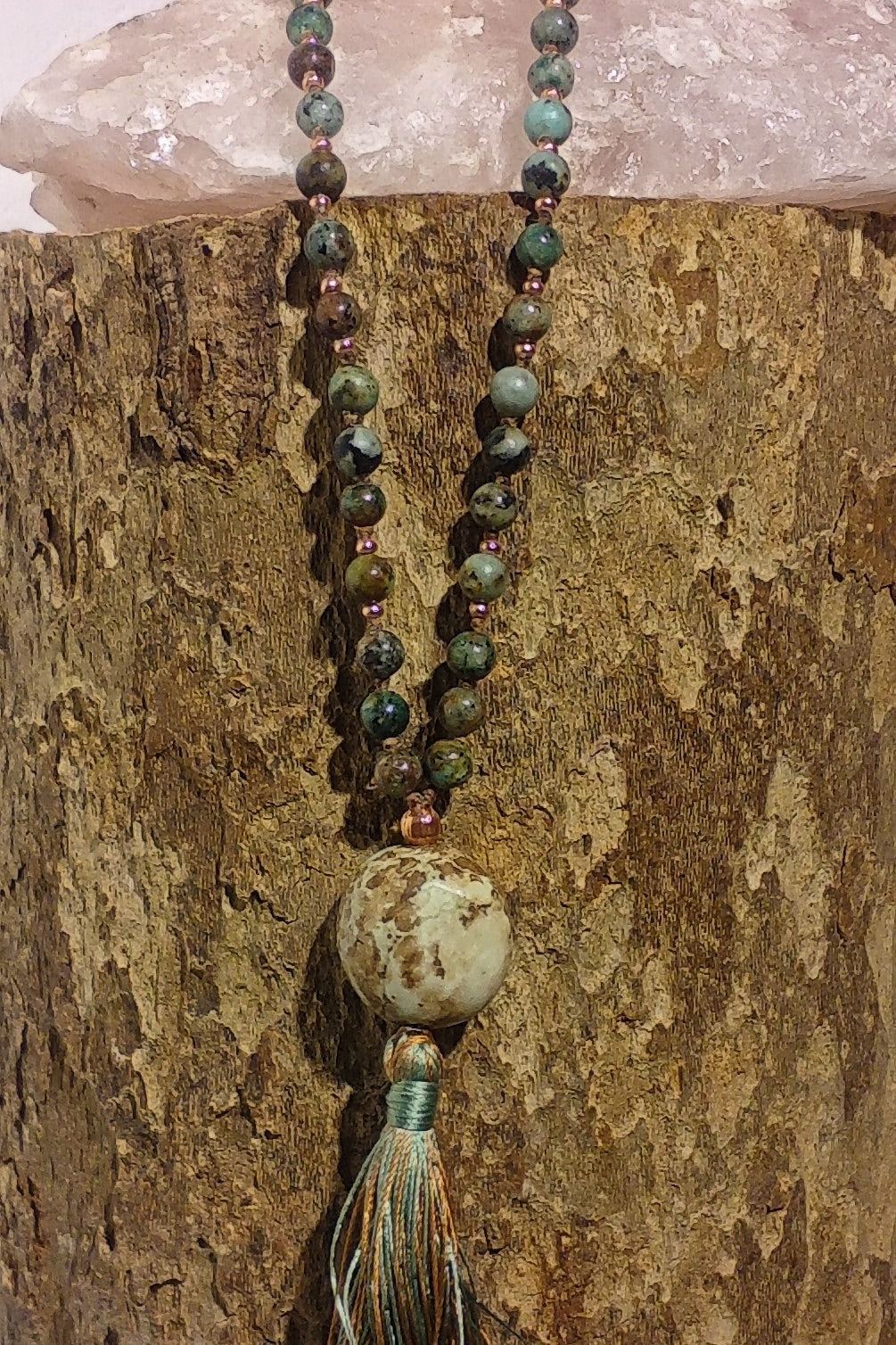 Mala artigianale in Turchese africano, pietra guru in Variscite e Rame
