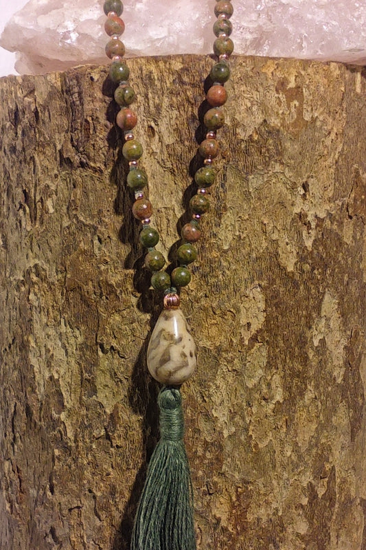 Mala 108 perle in Unakite, Rodonite, Pietra Guru Zebradorite e Rame