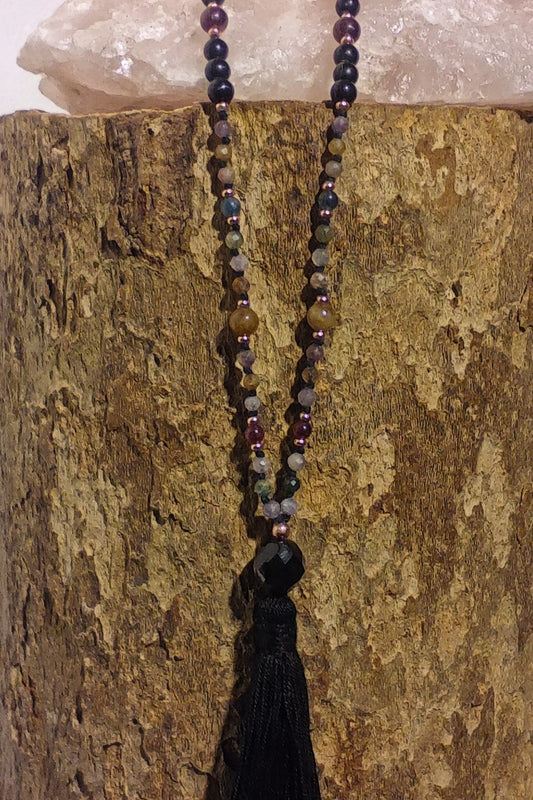 Mala 108 perle Tormalina naturale vari colori e Onice, Pietra Guru Onice, Rame