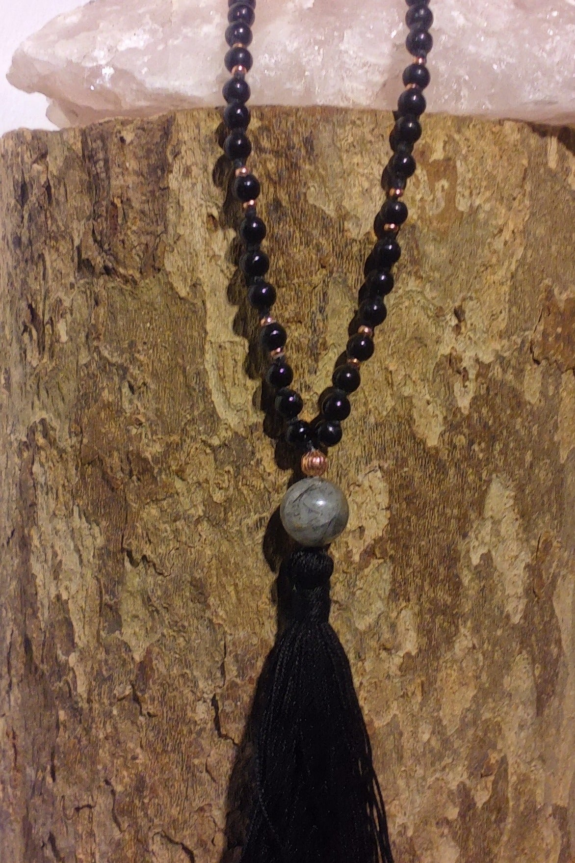 Mala da meditazione 108 perle Onice, pietra guru Quarzo Tormalinato, rame