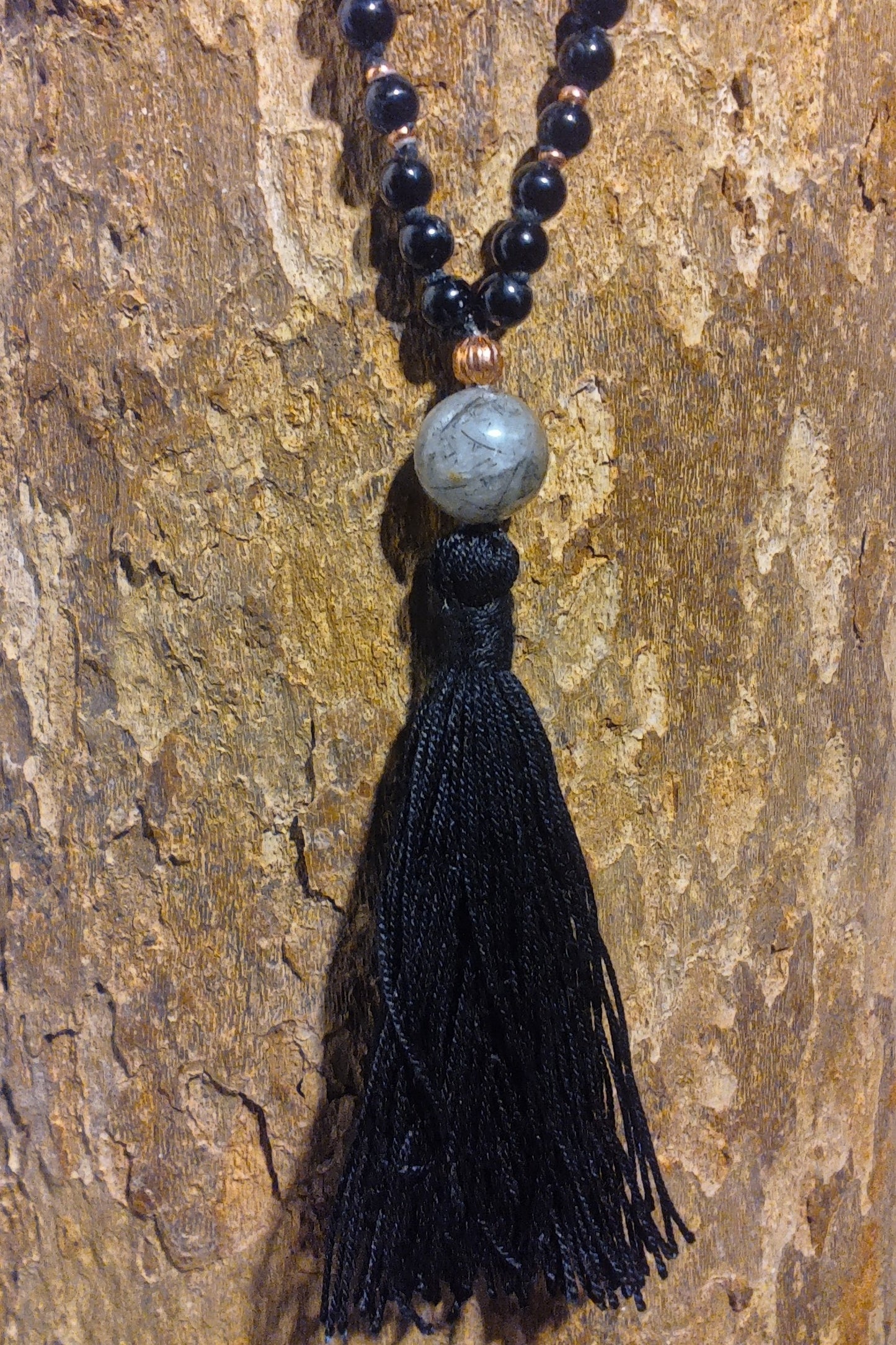 Mala da meditazione 108 perle Onice, pietra guru Quarzo Tormalinato, rame