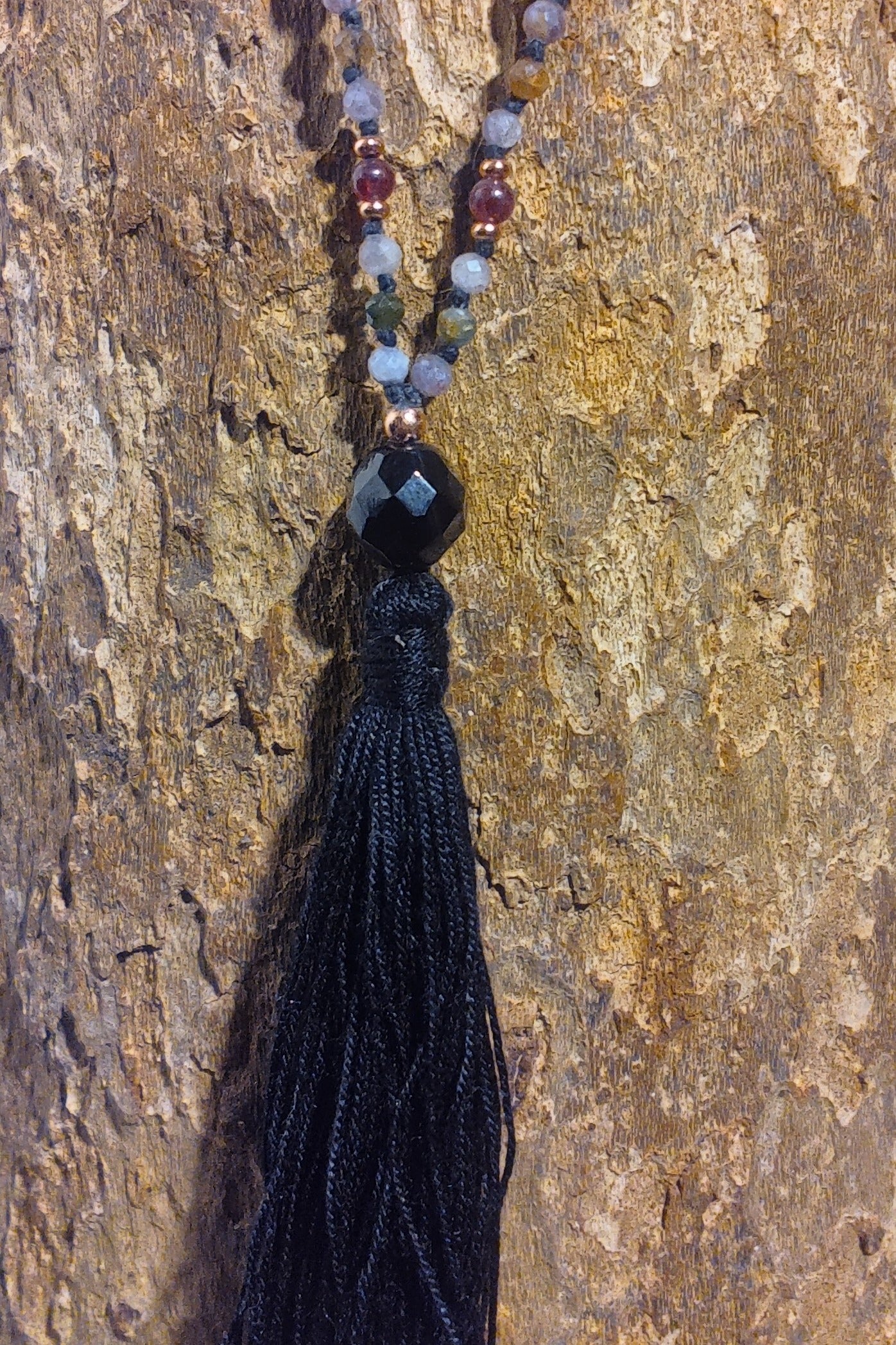 Mala 108 perle Tormalina naturale vari colori e Onice, Pietra Guru Onice, Rame