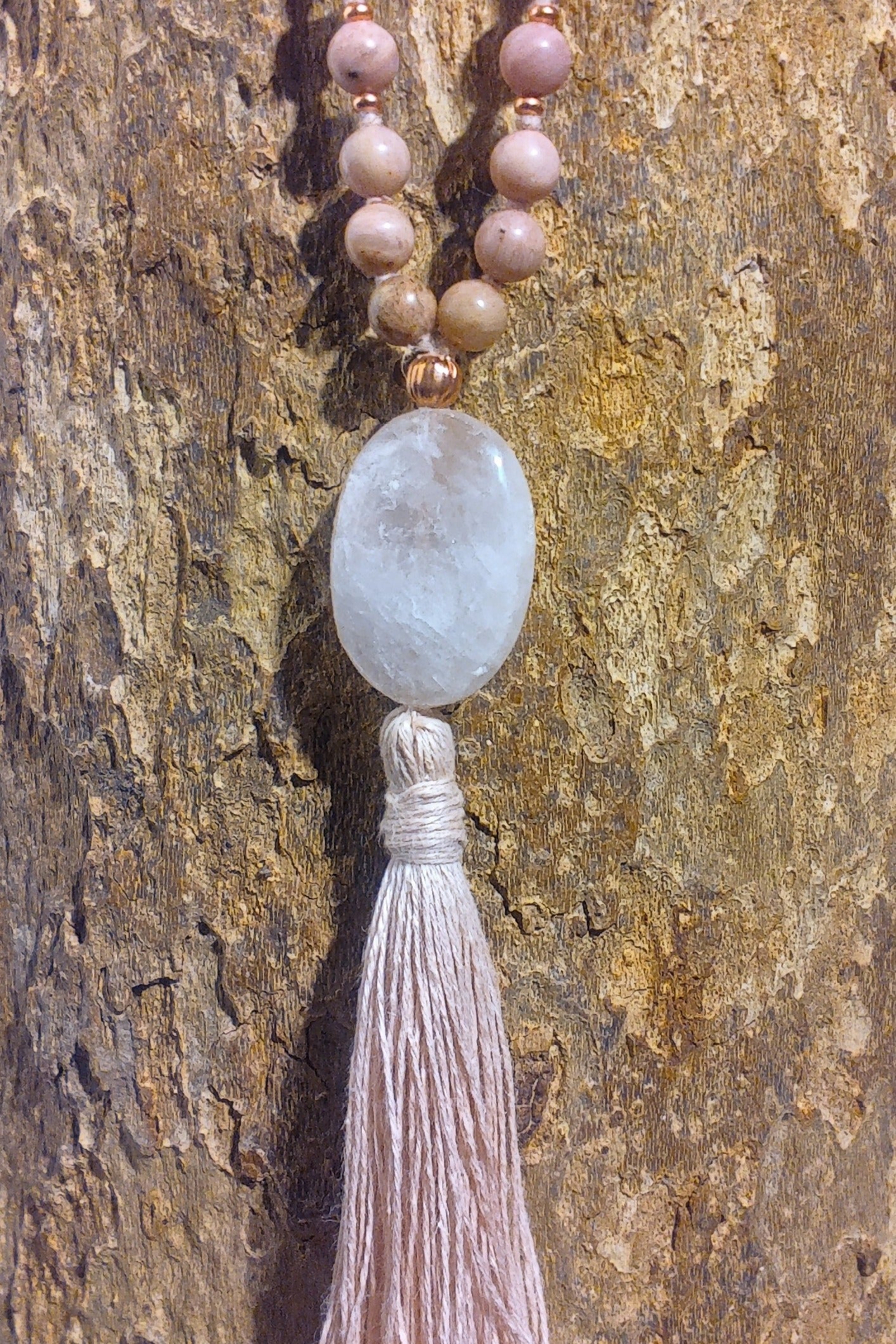 Mala in Rodonite, Pietra Guru Quarzo rosa, Rame