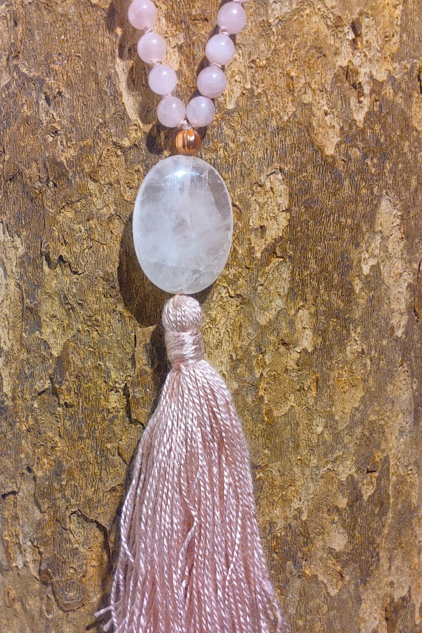 Mala in Quarzo rosa, Pietra Guru Quarzo rosa, Rame