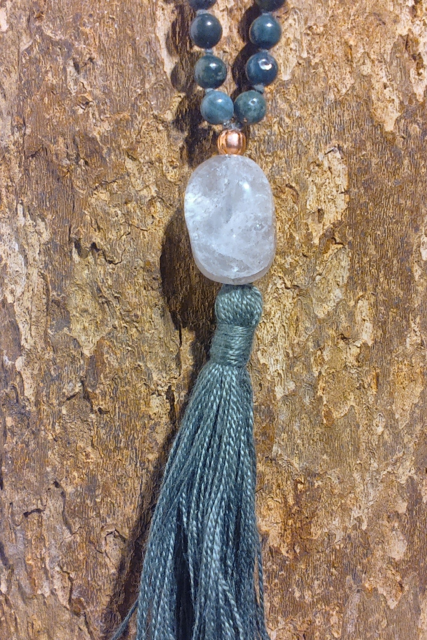 Mala in Agata muschiata, Pietra Guru Quarzo ialino, Rame