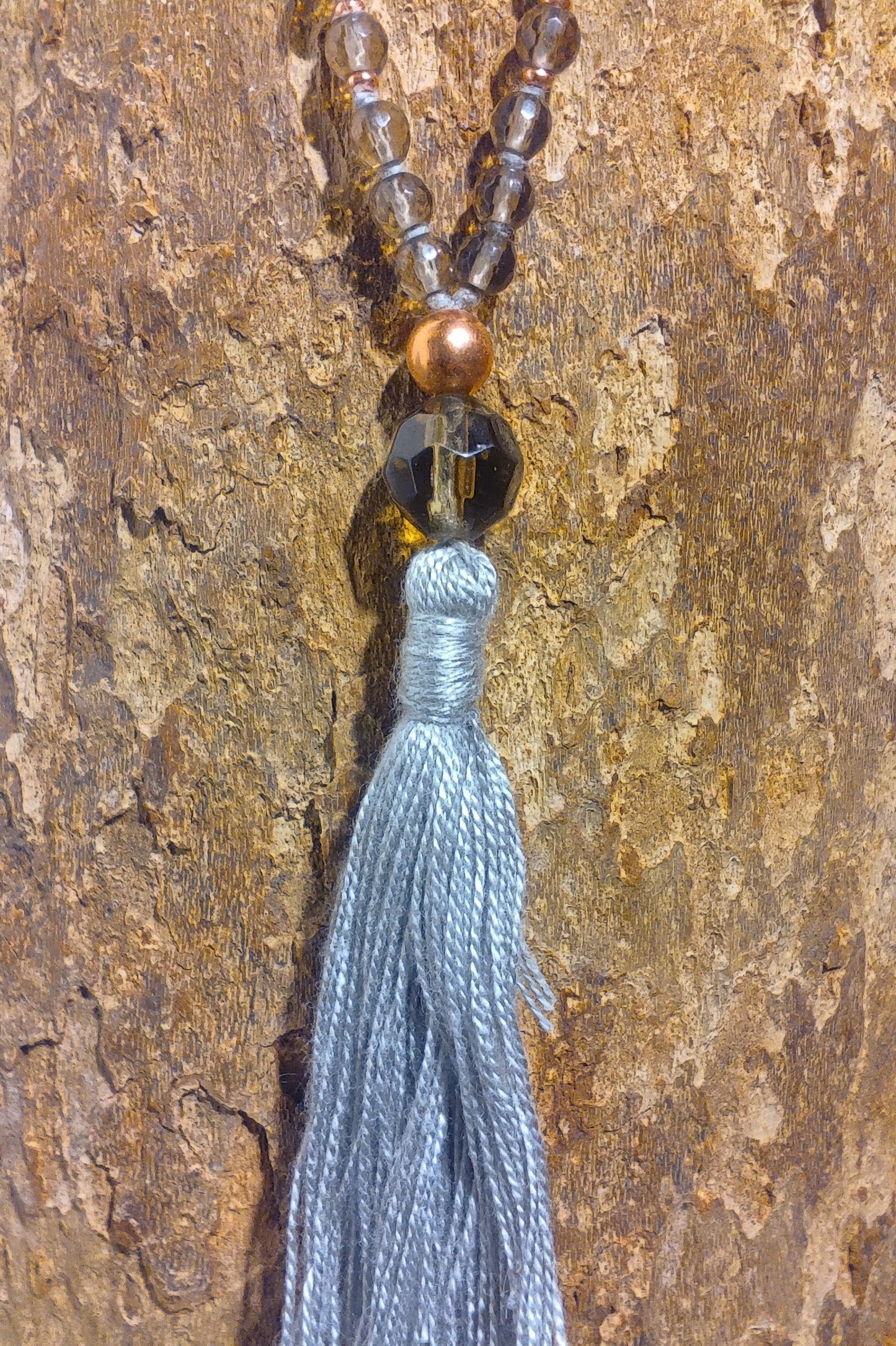 Mala da meditazione 108 perle Quarzo Fumè, pietra guru Quarzo Fumè, rame