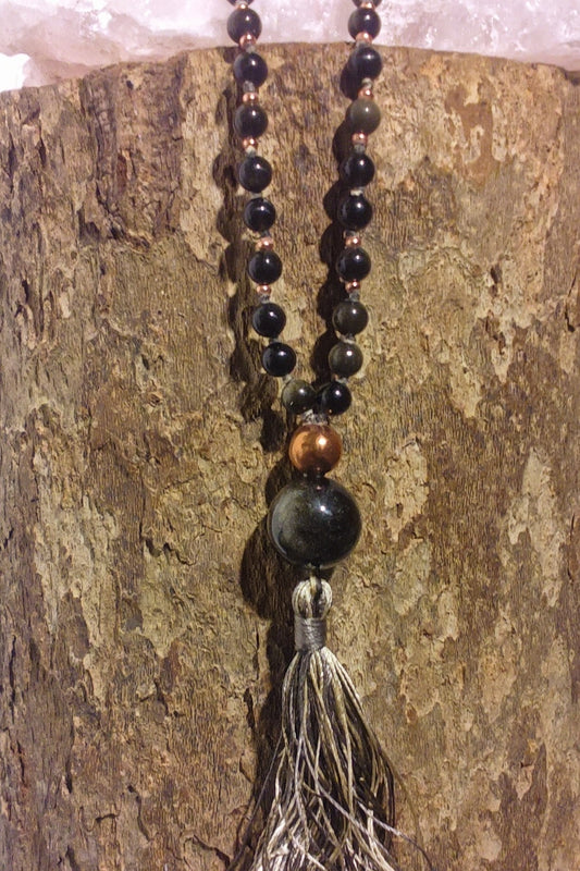 Mala da meditazione in Ossidiana dorata, Pietra Guru Ossidiana dorata, Rame