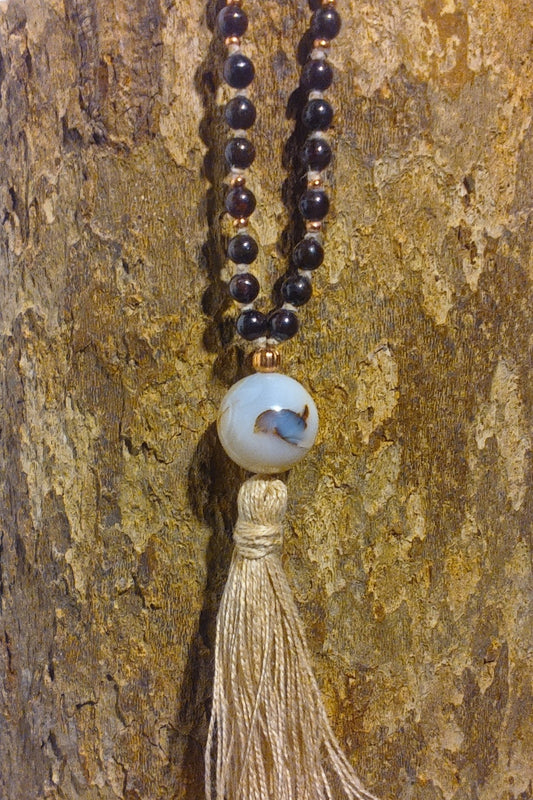 Mala 108 con pietre naturali di Granato scuro, Pietra Guru Agata, rame