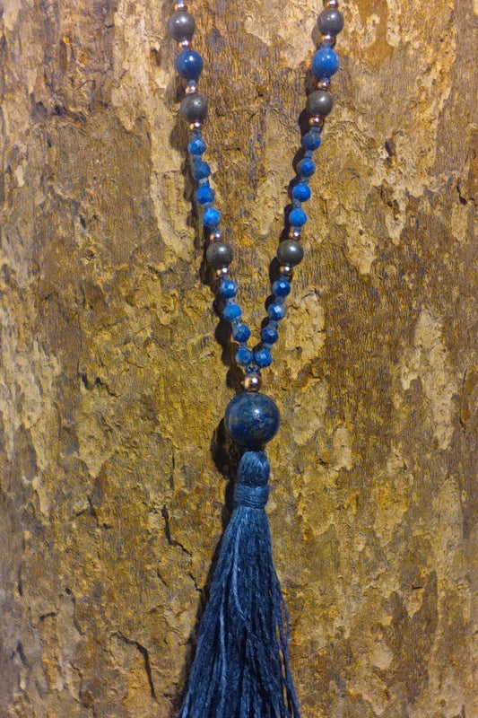 Mala per meditare in Lapislazzuli, Pirite, Pietra Guru Lapislazzuli, Rame