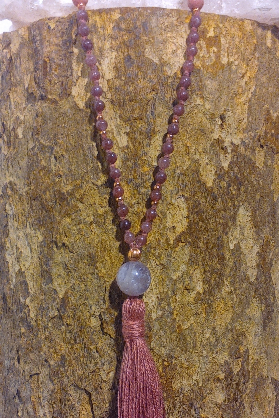 Mala 108 perle di Rodonite, Unakite, Lepidolite, Pietra Guru Ametista, rame