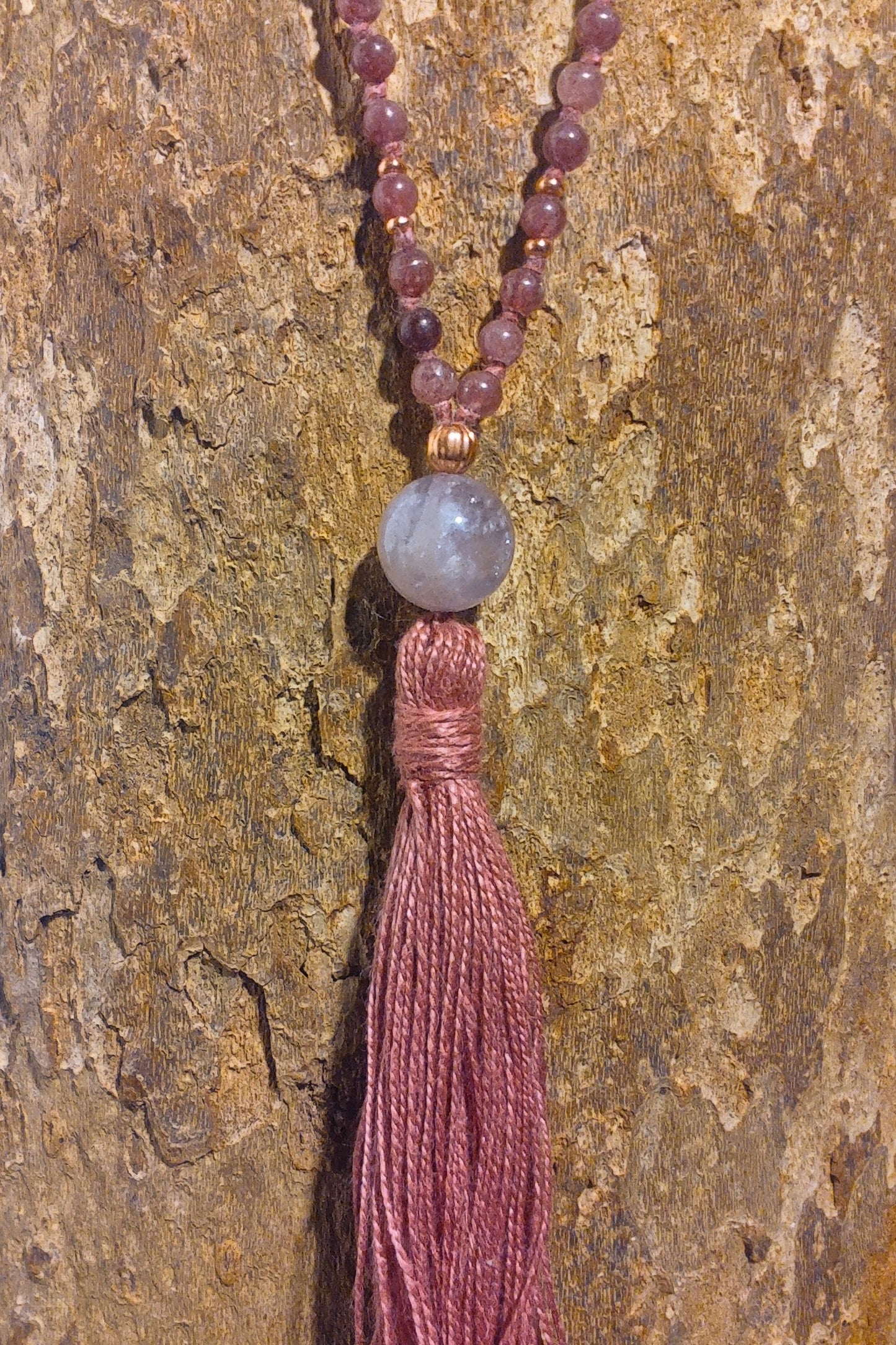 Mala 108 perle di Rodonite, Unakite, Lepidolite, Pietra Guru Ametista, rame