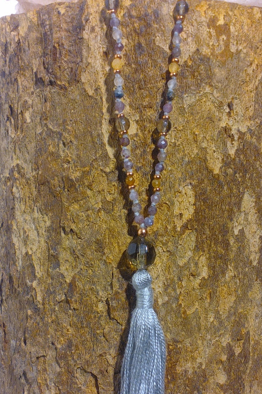 Mala da meditazione 108 Quarzo Fumè, Tormalina vari colori, pietra guru Quarzo Fumé , rame