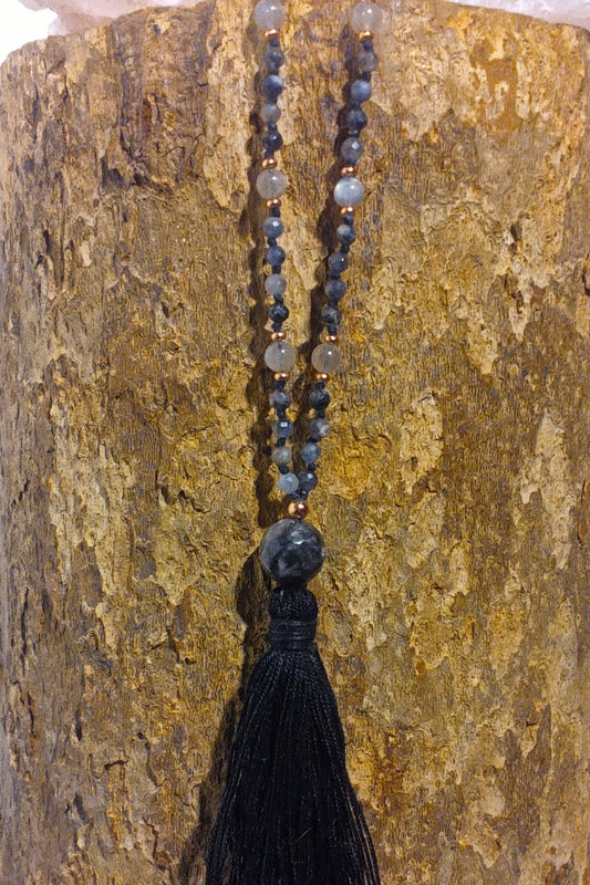Mala 108 perle di Cordierite, Onice, Labradorite, Pietra Guru Lepidolite, rame