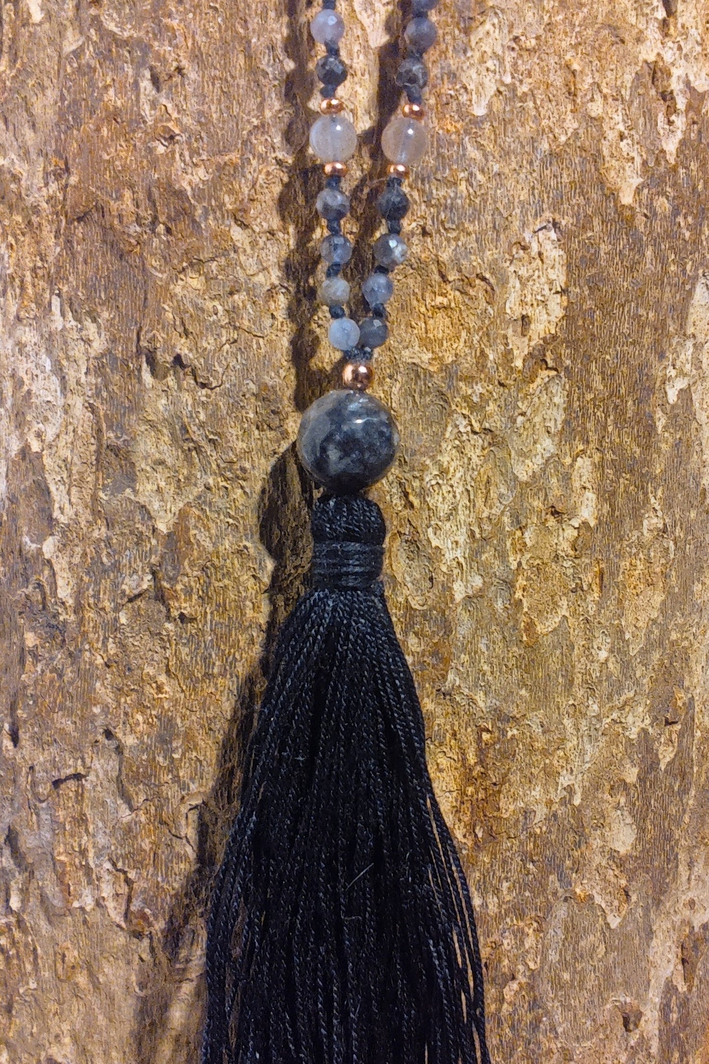 Mala 108 perle di Cordierite, Onice, Labradorite, Pietra Guru Lepidolite, rame