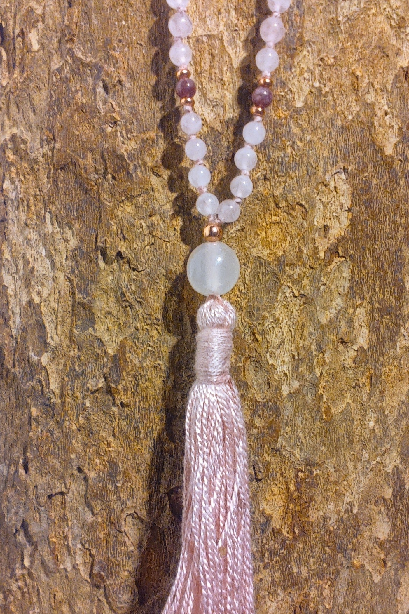 Mala con pietre naturali di Granato almandino, Pietra Guru Quarzo rosa, Rame