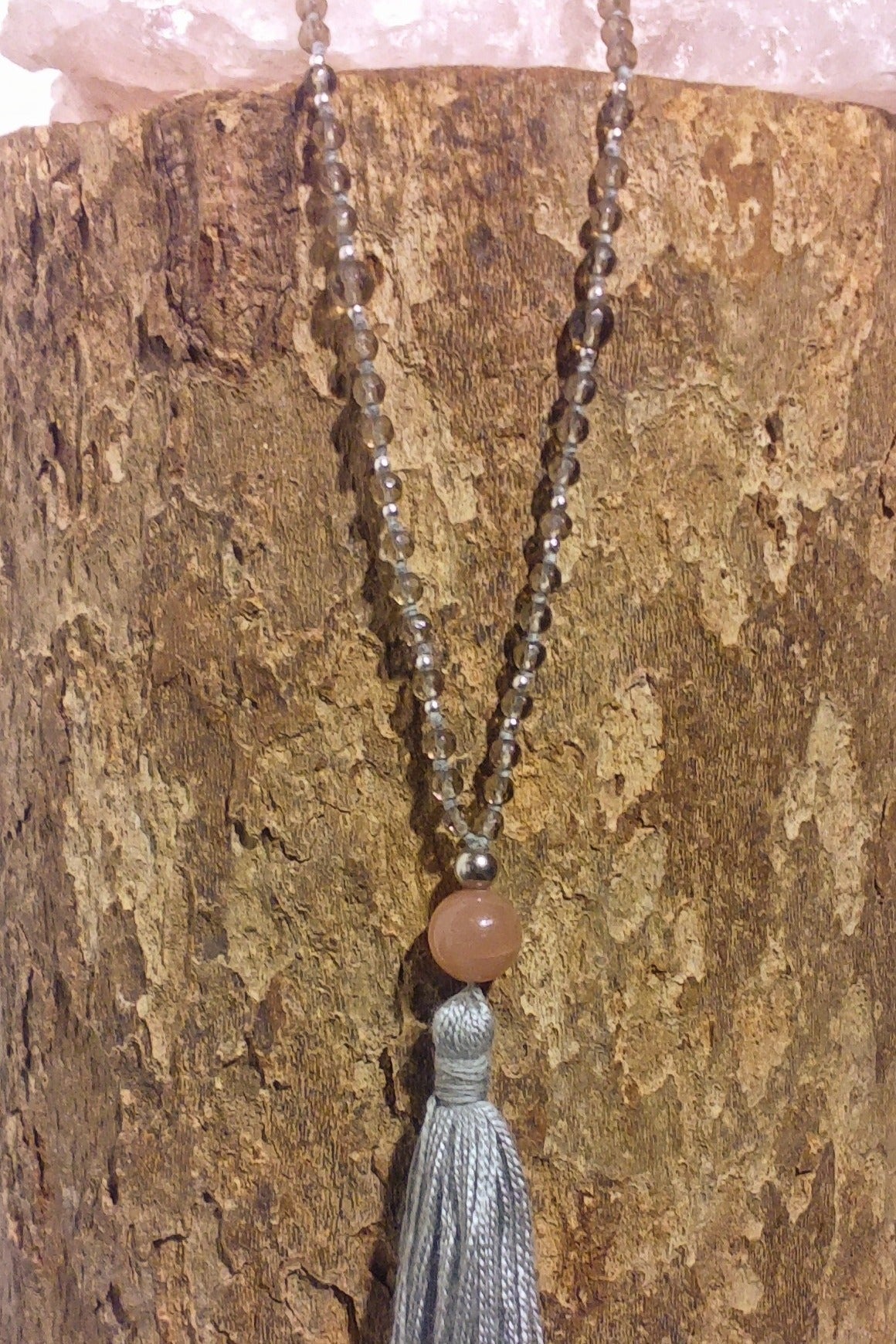 Mala da meditazione 108 Quarzo Fumè, Pietra di luna pesca, pietra guru Pietra di luna pesca, Argento 925