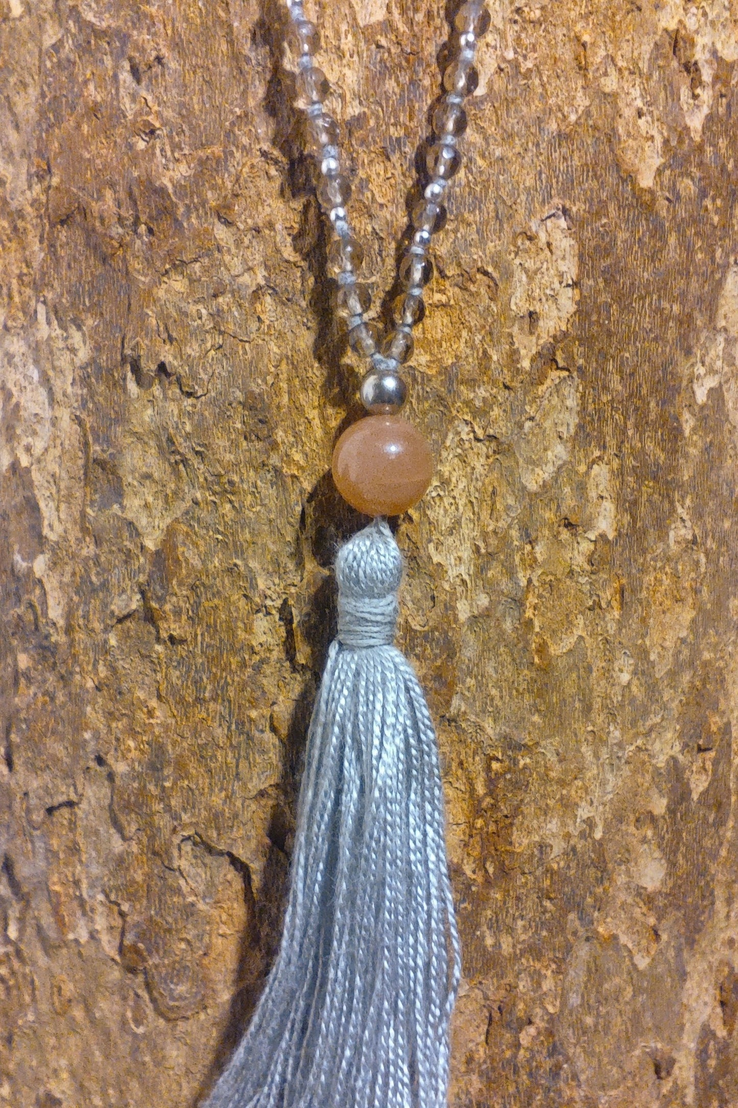 Mala da meditazione 108 Quarzo Fumè, Pietra di luna pesca, pietra guru Pietra di luna pesca, Argento 925