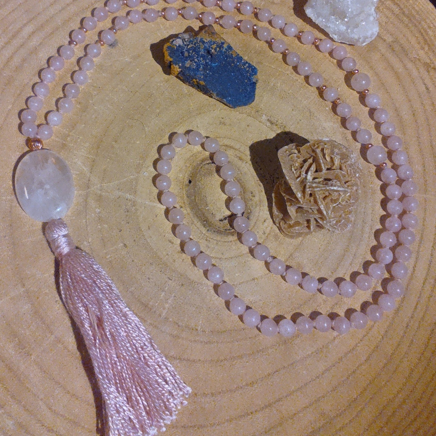 Mala in Quarzo rosa, Pietra Guru Quarzo rosa, Rame