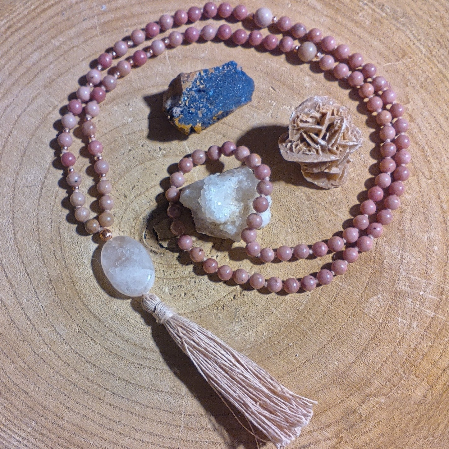 Mala in Rodonite, Pietra Guru Quarzo rosa, Rame