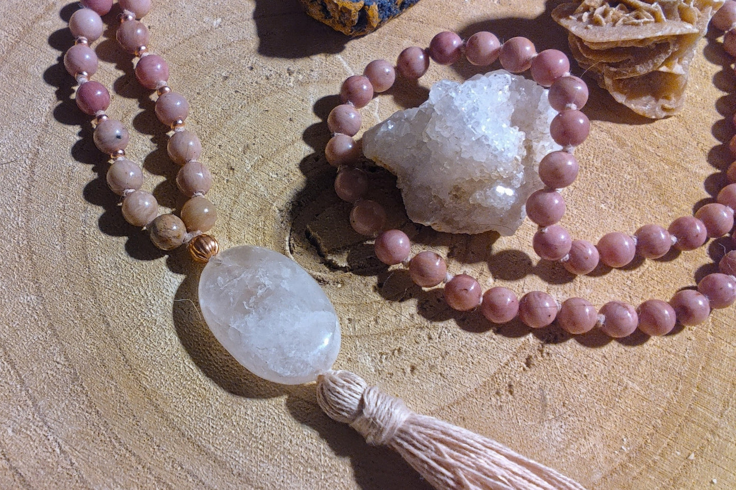 Mala in Rodonite, Pietra Guru Quarzo rosa, Rame