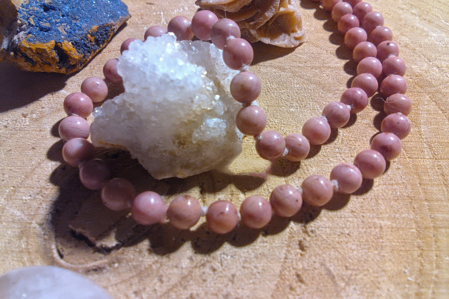 Mala in Rodonite, Pietra Guru Quarzo rosa, Rame
