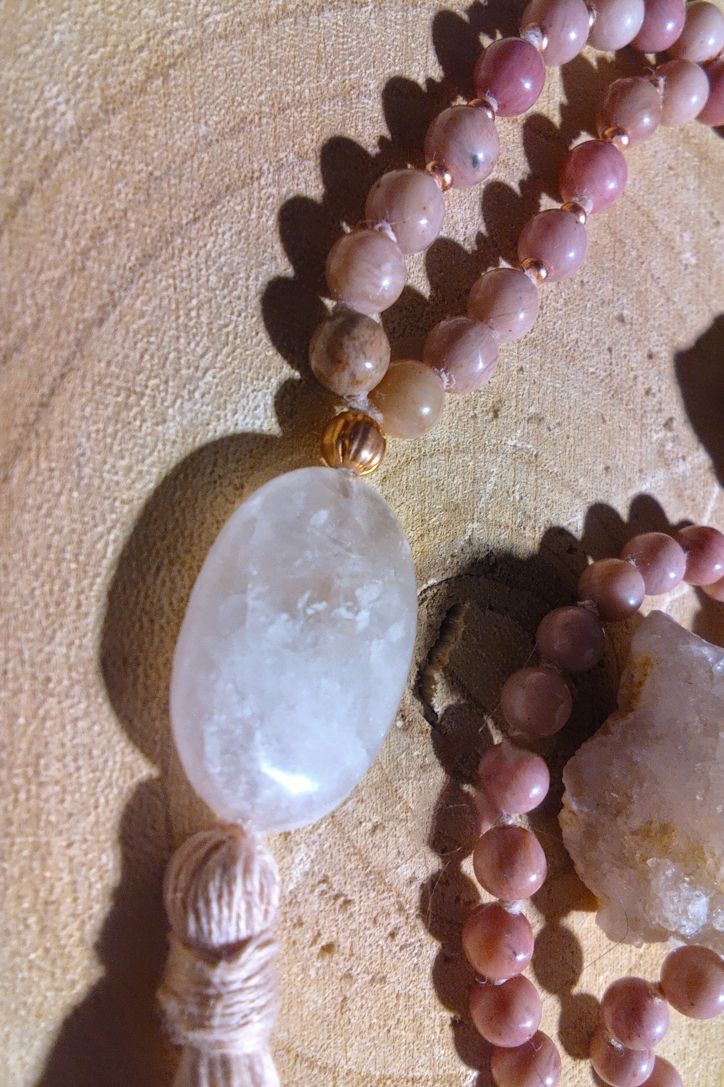 Mala in Rodonite, Pietra Guru Quarzo rosa, Rame
