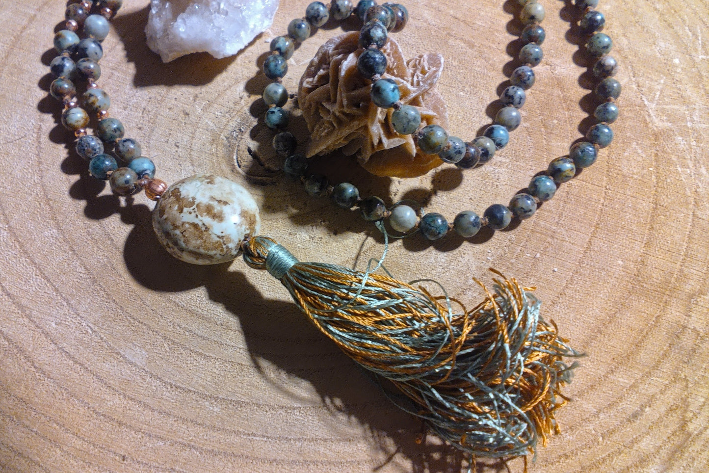 Mala artigianale in Turchese africano, pietra guru in Variscite e Rame