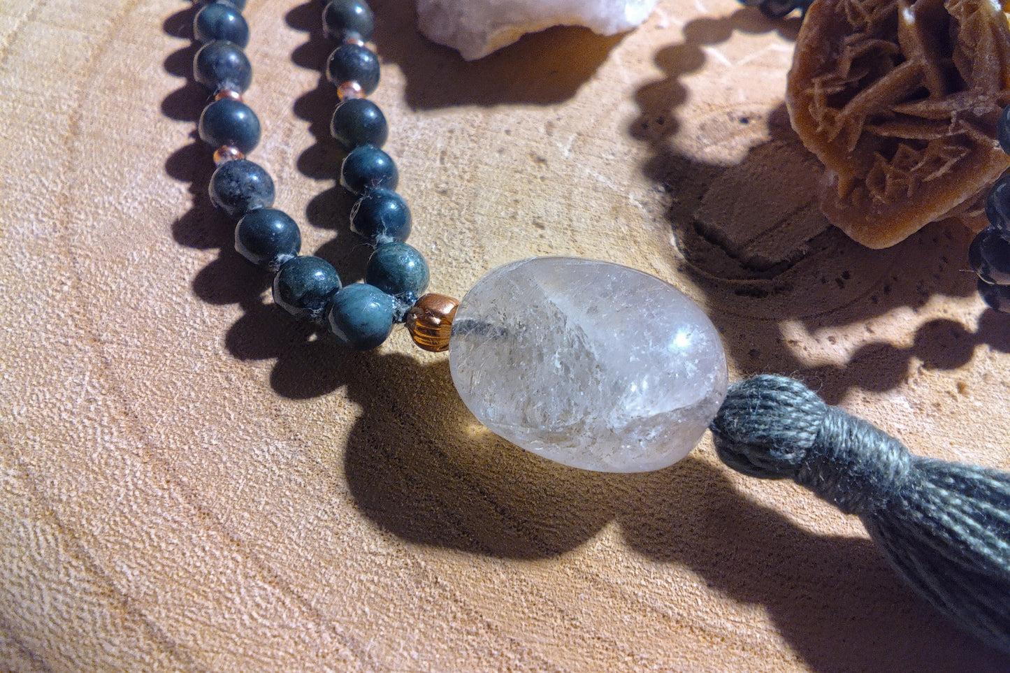 Mala in Agata muschiata, Pietra Guru Quarzo ialino, Rame