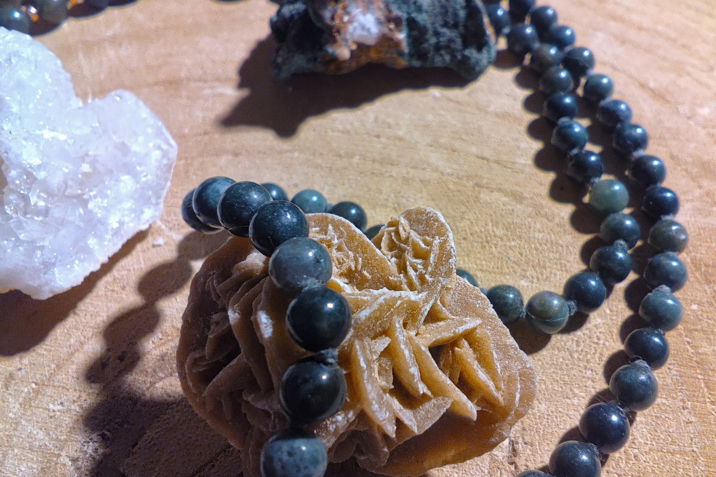 Mala in Agata muschiata, Pietra Guru Quarzo ialino, Rame