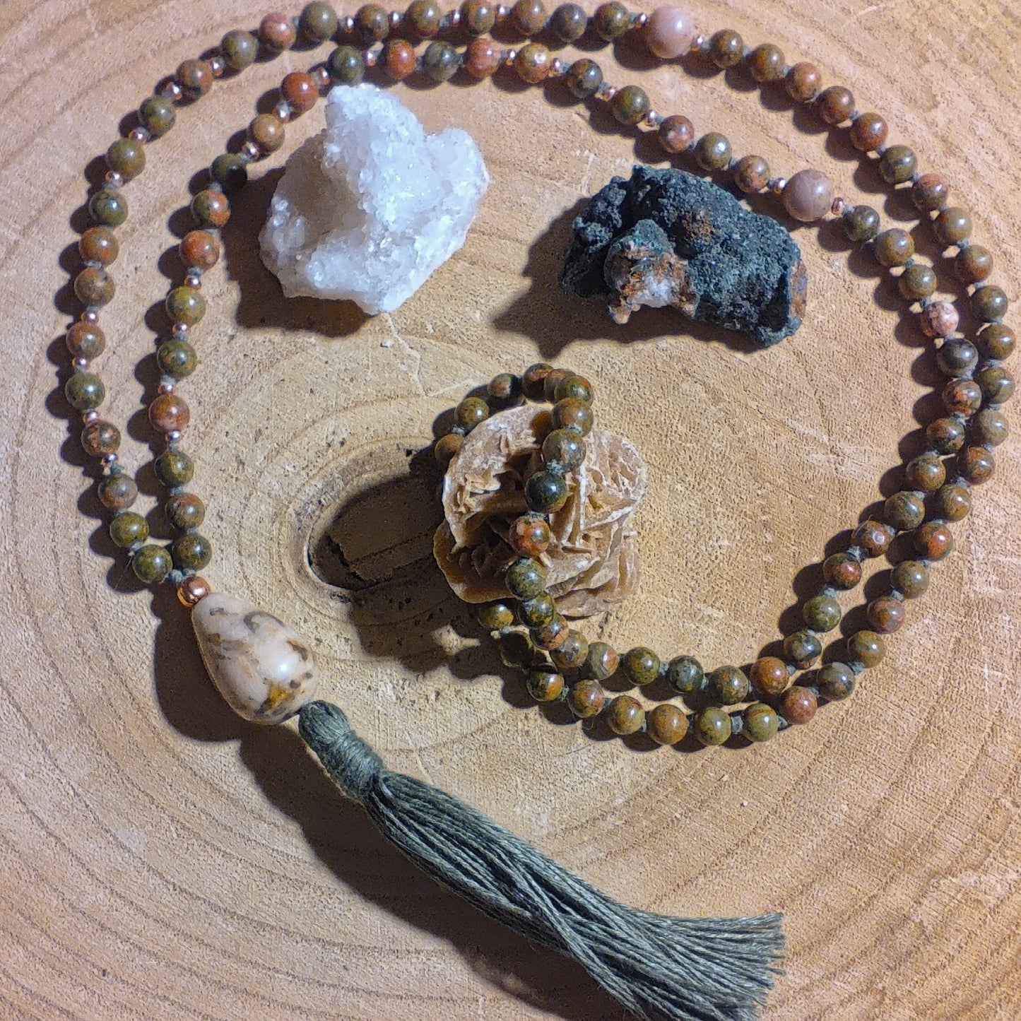 Mala 108 perle in Unakite, Rodonite, Pietra Guru Zebradorite e Rame