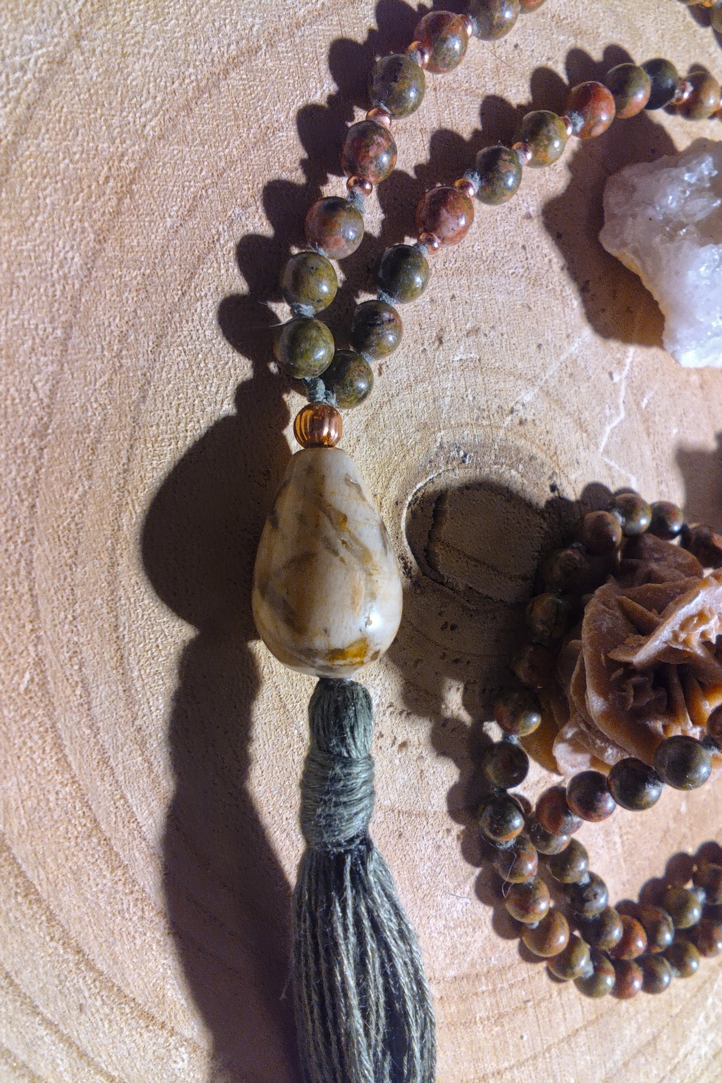 Mala 108 perle in Unakite, Rodonite, Pietra Guru Zebradorite e Rame