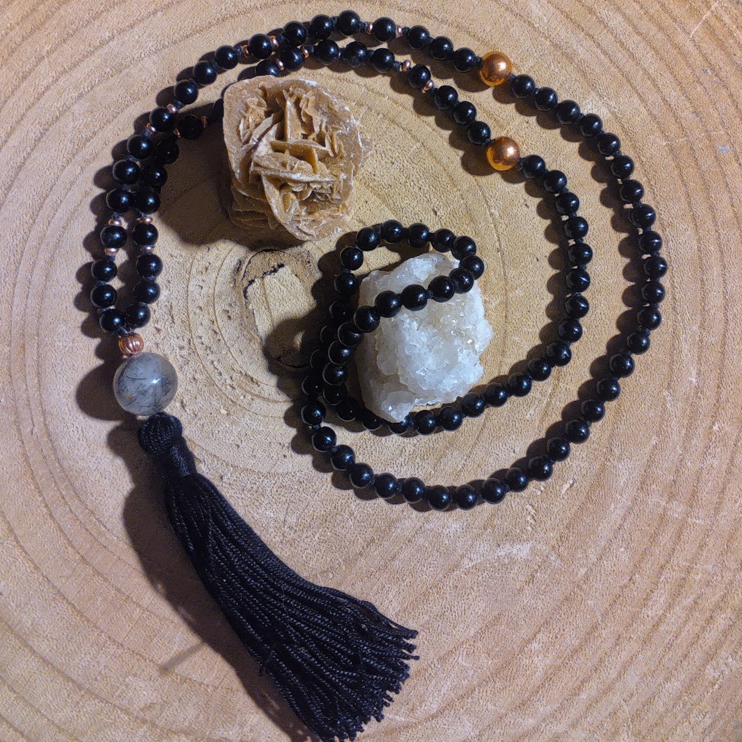 Mala da meditazione 108 perle Onice, pietra guru Quarzo Tormalinato, rame