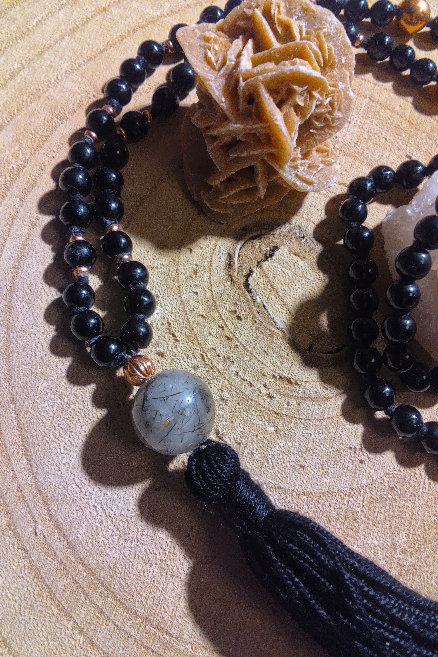 Mala da meditazione 108 perle Onice, pietra guru Quarzo Tormalinato, rame