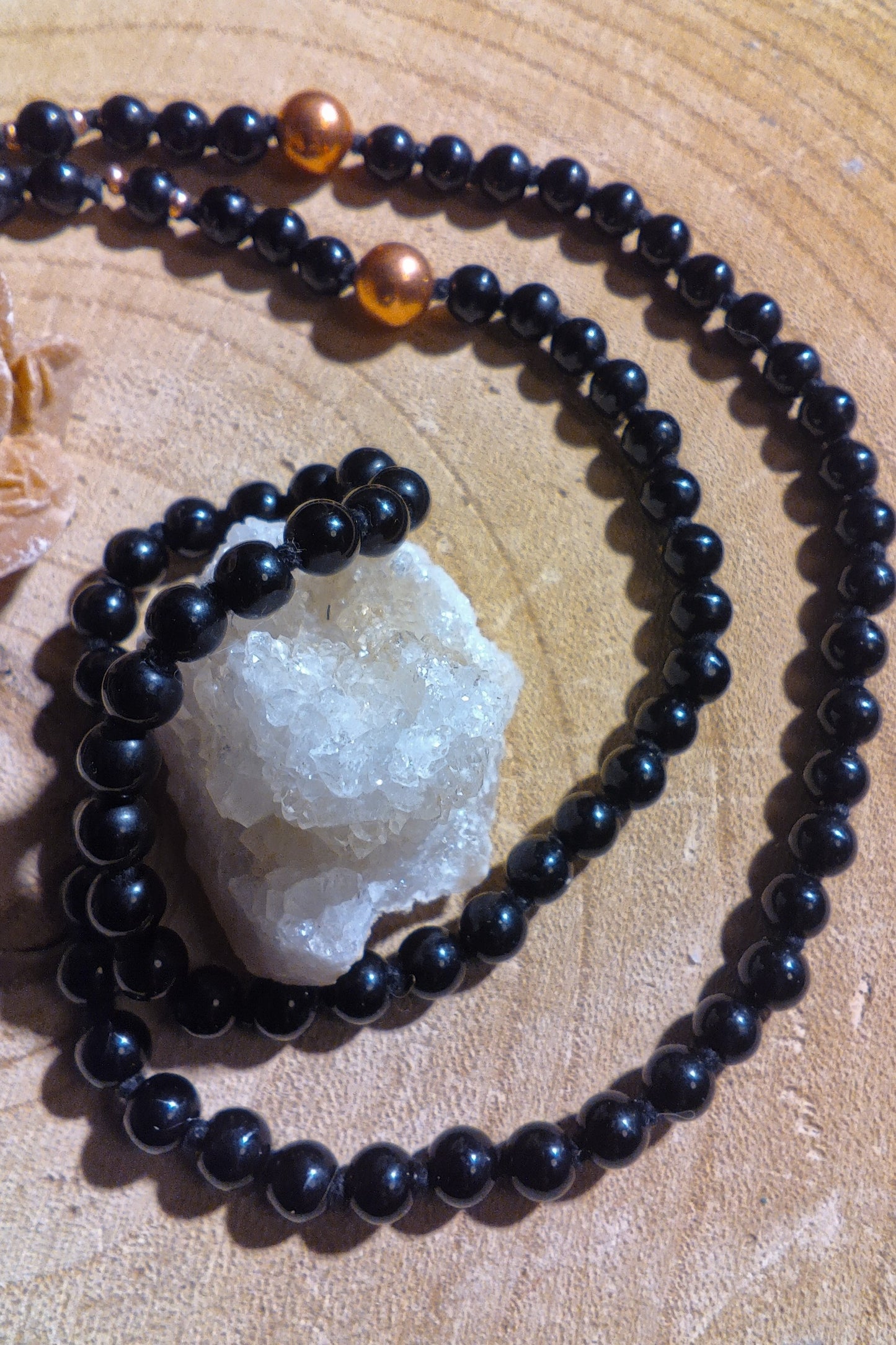 Mala da meditazione 108 perle Onice, pietra guru Quarzo Tormalinato, rame