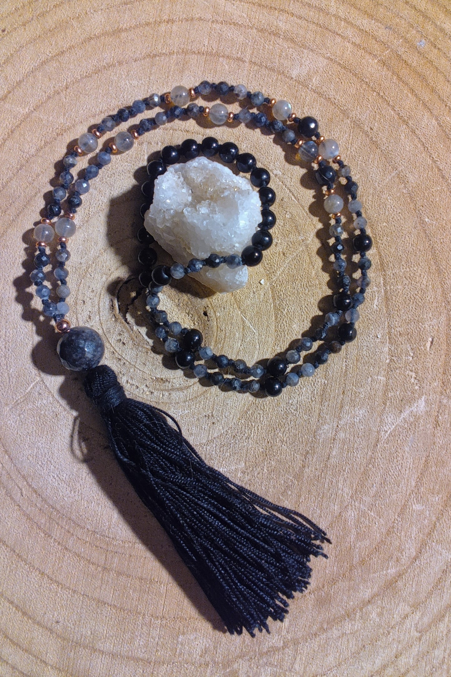 Mala 108 perle di Cordierite, Onice, Labradorite, Pietra Guru Lepidolite, rame