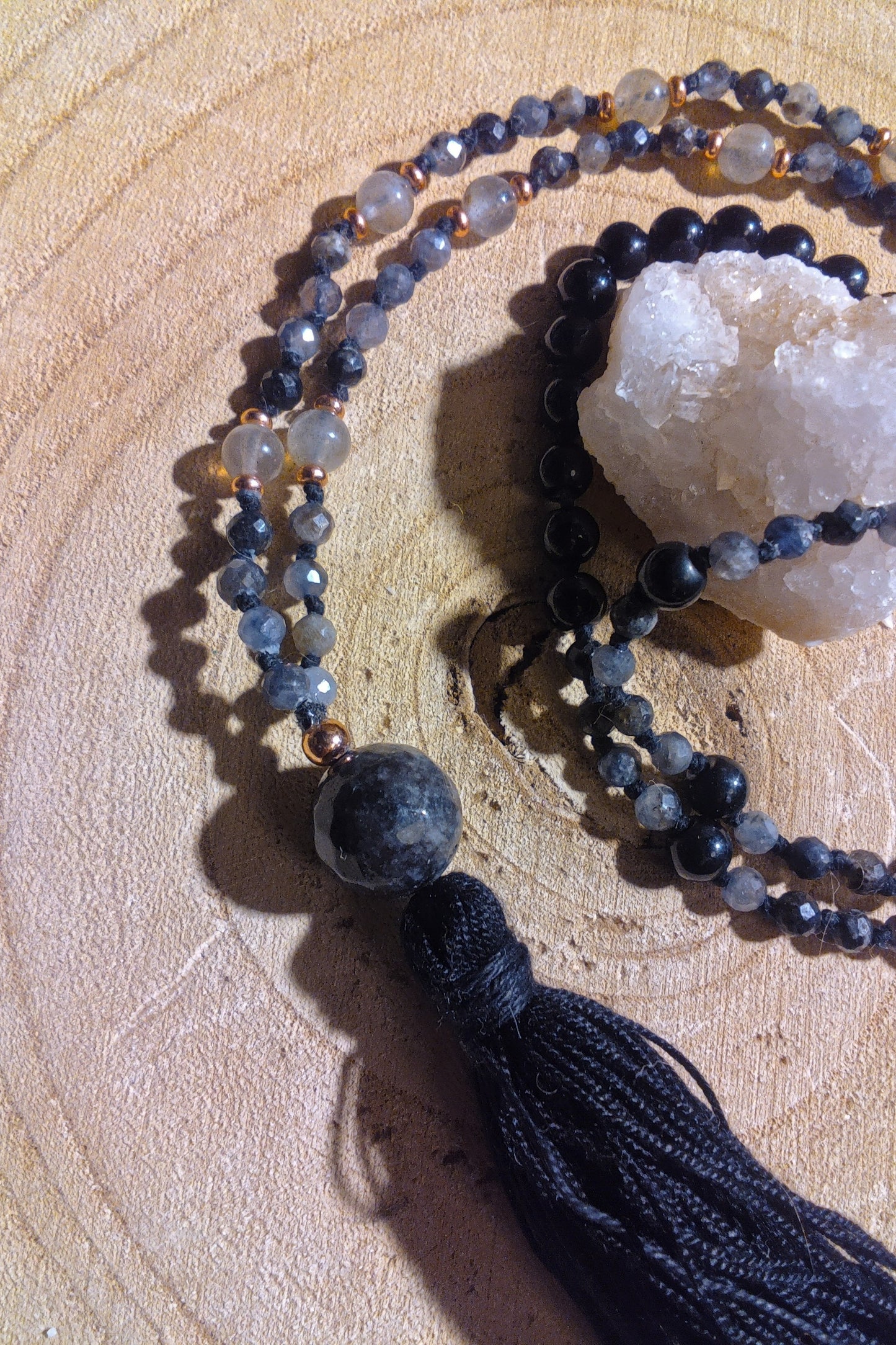 Mala 108 perle di Cordierite, Onice, Labradorite, Pietra Guru Lepidolite, rame