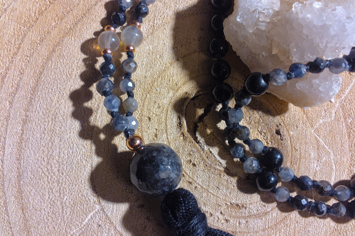 Mala 108 perle di Cordierite, Onice, Labradorite, Pietra Guru Lepidolite, rame