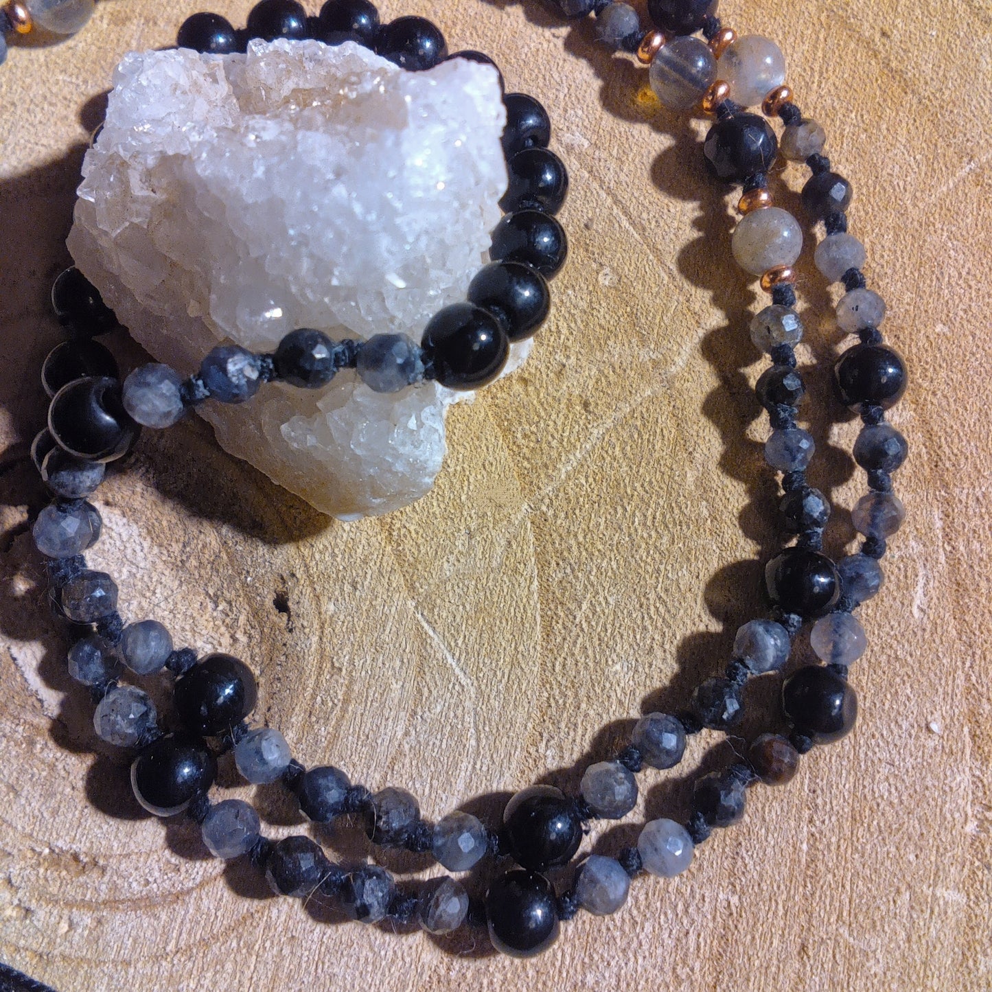 Mala 108 perle di Cordierite, Onice, Labradorite, Pietra Guru Lepidolite, rame