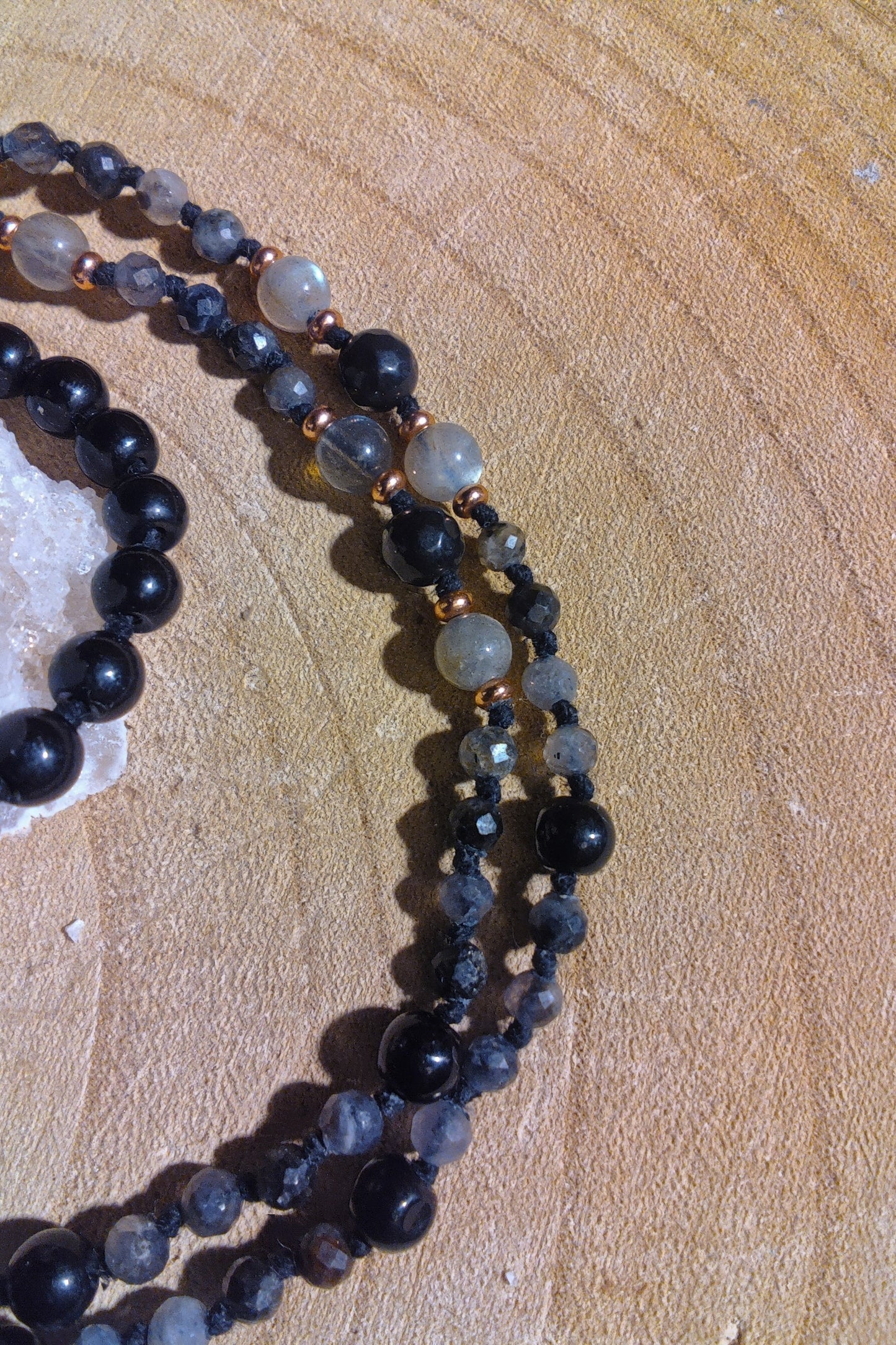 Mala 108 perle di Cordierite, Onice, Labradorite, Pietra Guru Lepidolite, rame