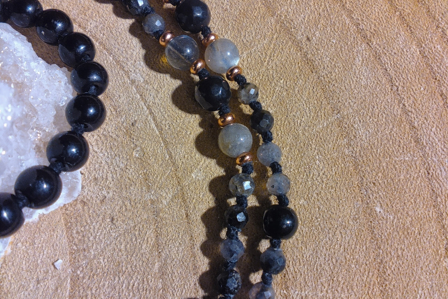 Mala 108 perle di Cordierite, Onice, Labradorite, Pietra Guru Lepidolite, rame