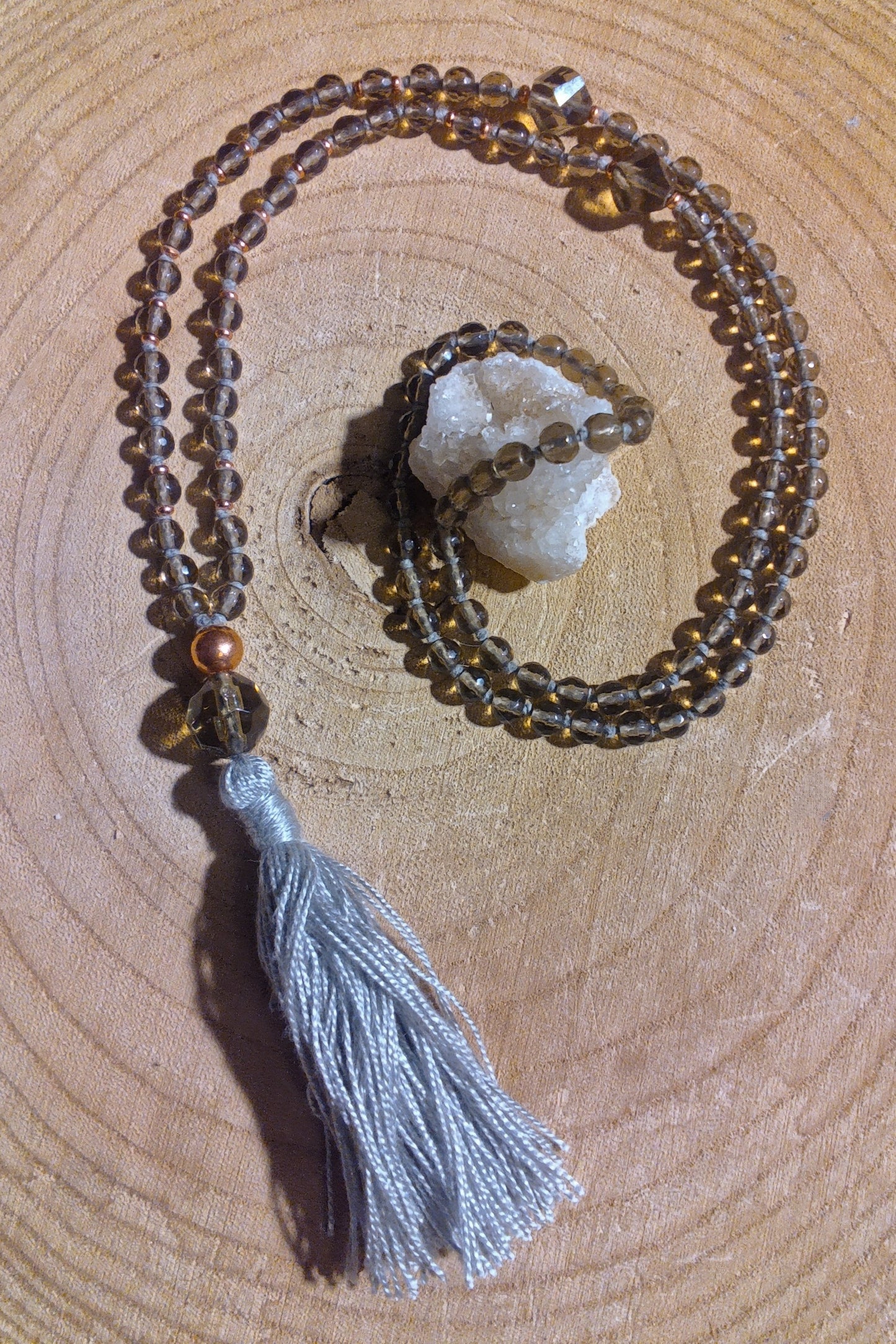 Mala da meditazione 108 perle Quarzo Fumè, pietra guru Quarzo Fumè, rame