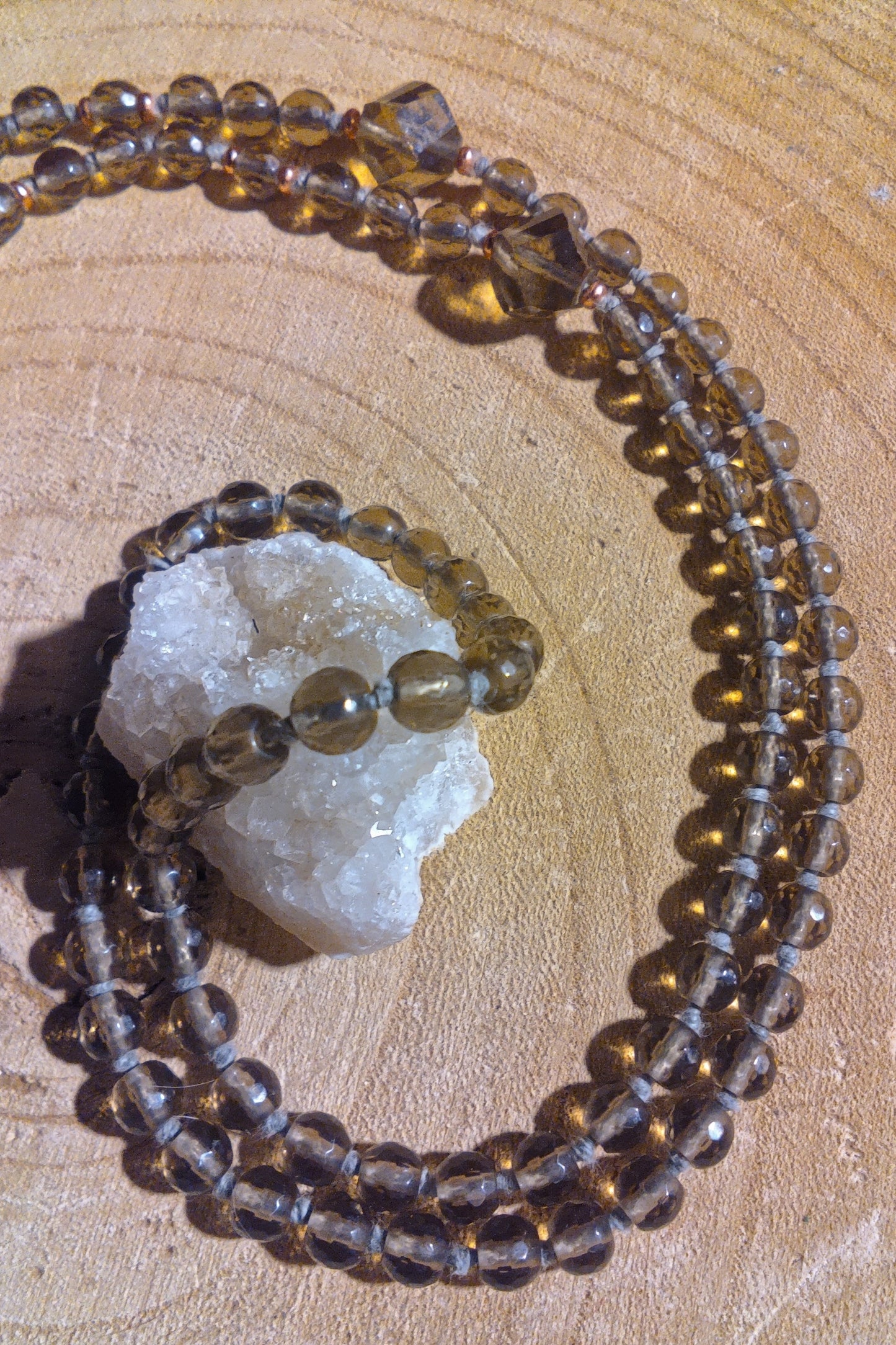 Mala da meditazione 108 perle Quarzo Fumè, pietra guru Quarzo Fumè, rame