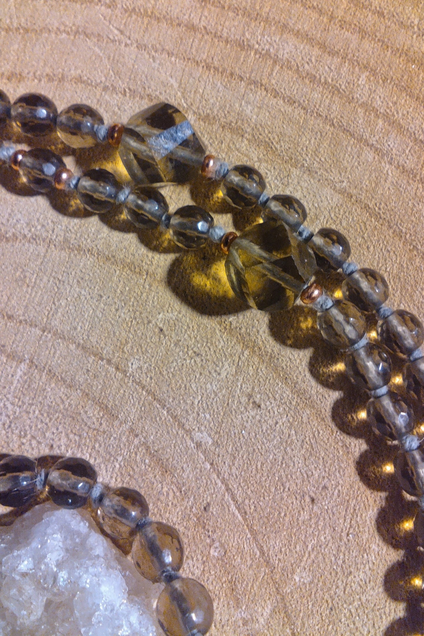 Mala da meditazione 108 perle Quarzo Fumè, pietra guru Quarzo Fumè, rame