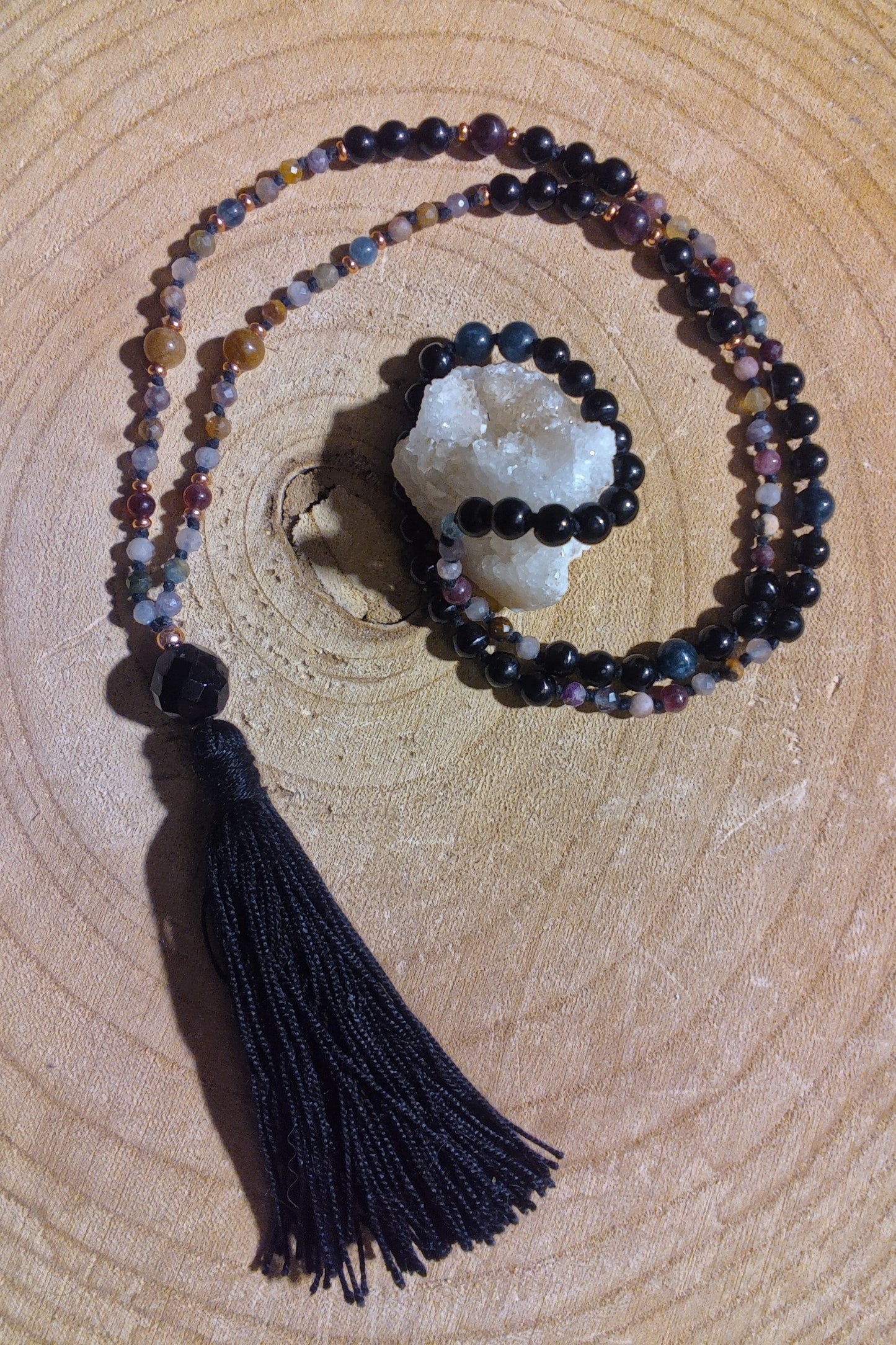 Mala 108 perle Tormalina naturale vari colori e Onice, Pietra Guru Onice, Rame