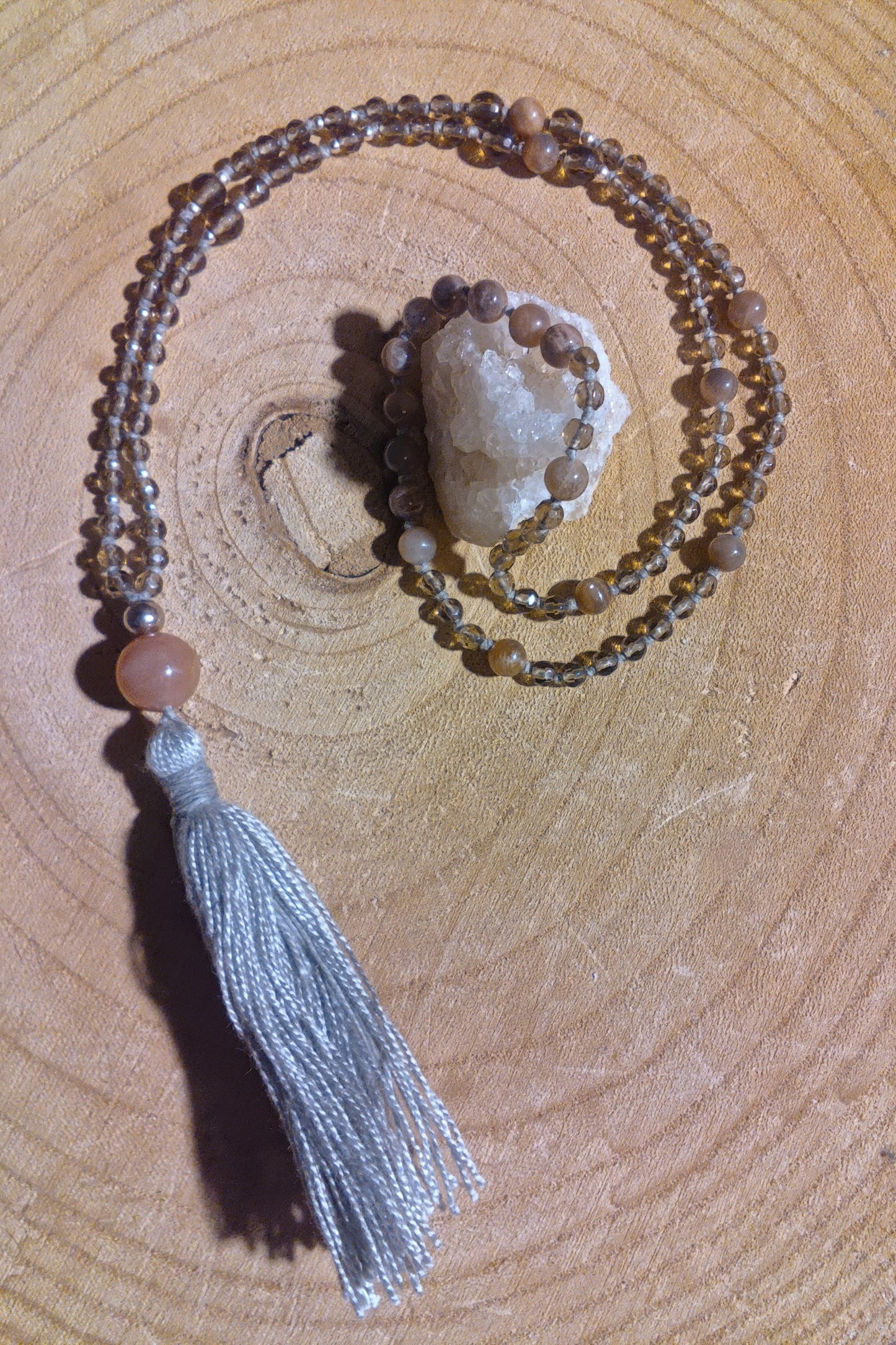 Mala da meditazione 108 Quarzo Fumè, Pietra di luna pesca, pietra guru Pietra di luna pesca, Argento 925
