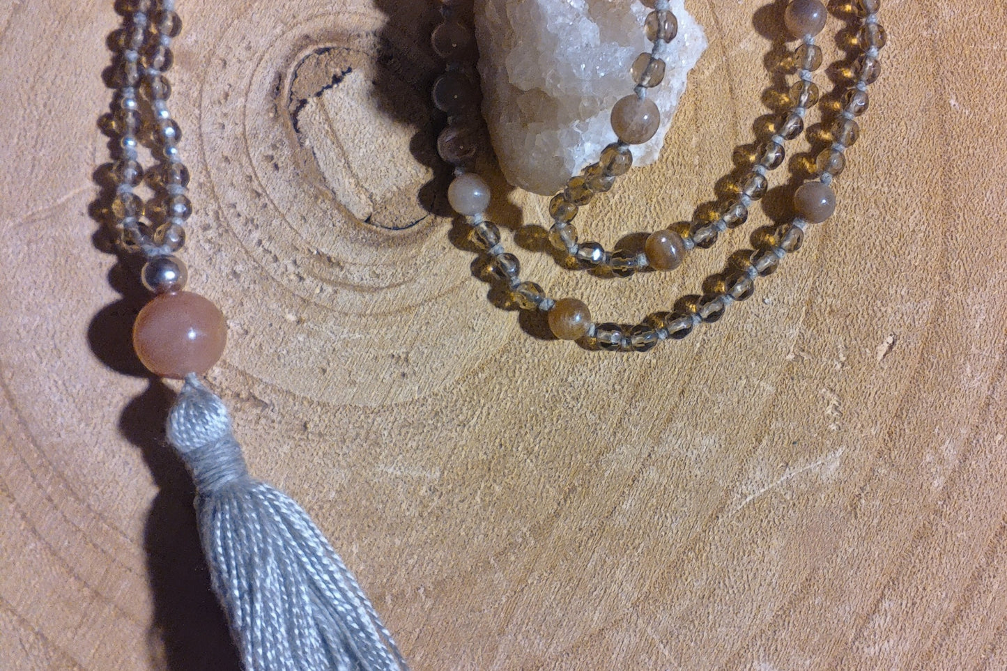 Mala da meditazione 108 Quarzo Fumè, Pietra di luna pesca, pietra guru Pietra di luna pesca, Argento 925