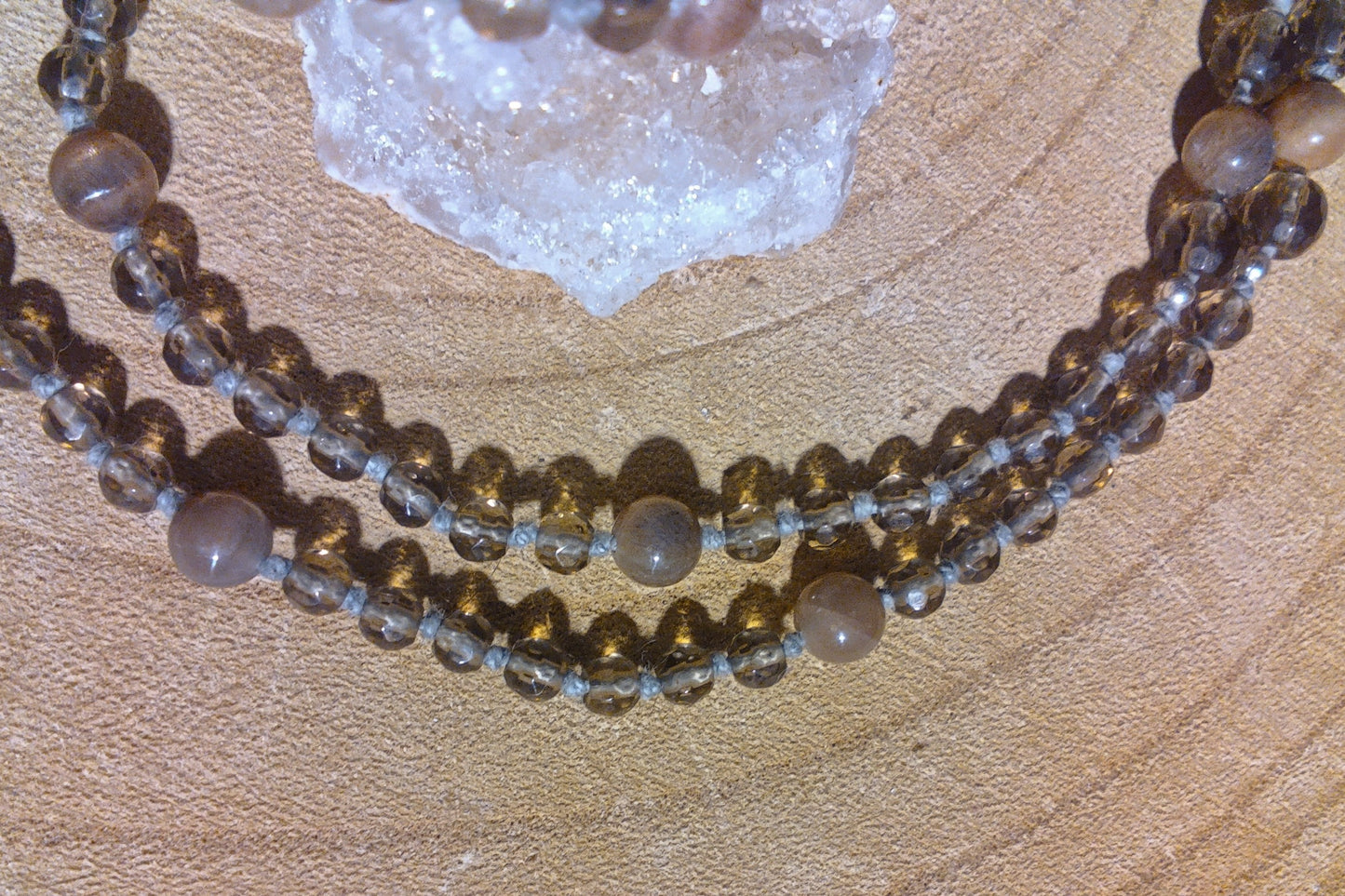 Mala da meditazione 108 Quarzo Fumè, Pietra di luna pesca, pietra guru Pietra di luna pesca, Argento 925