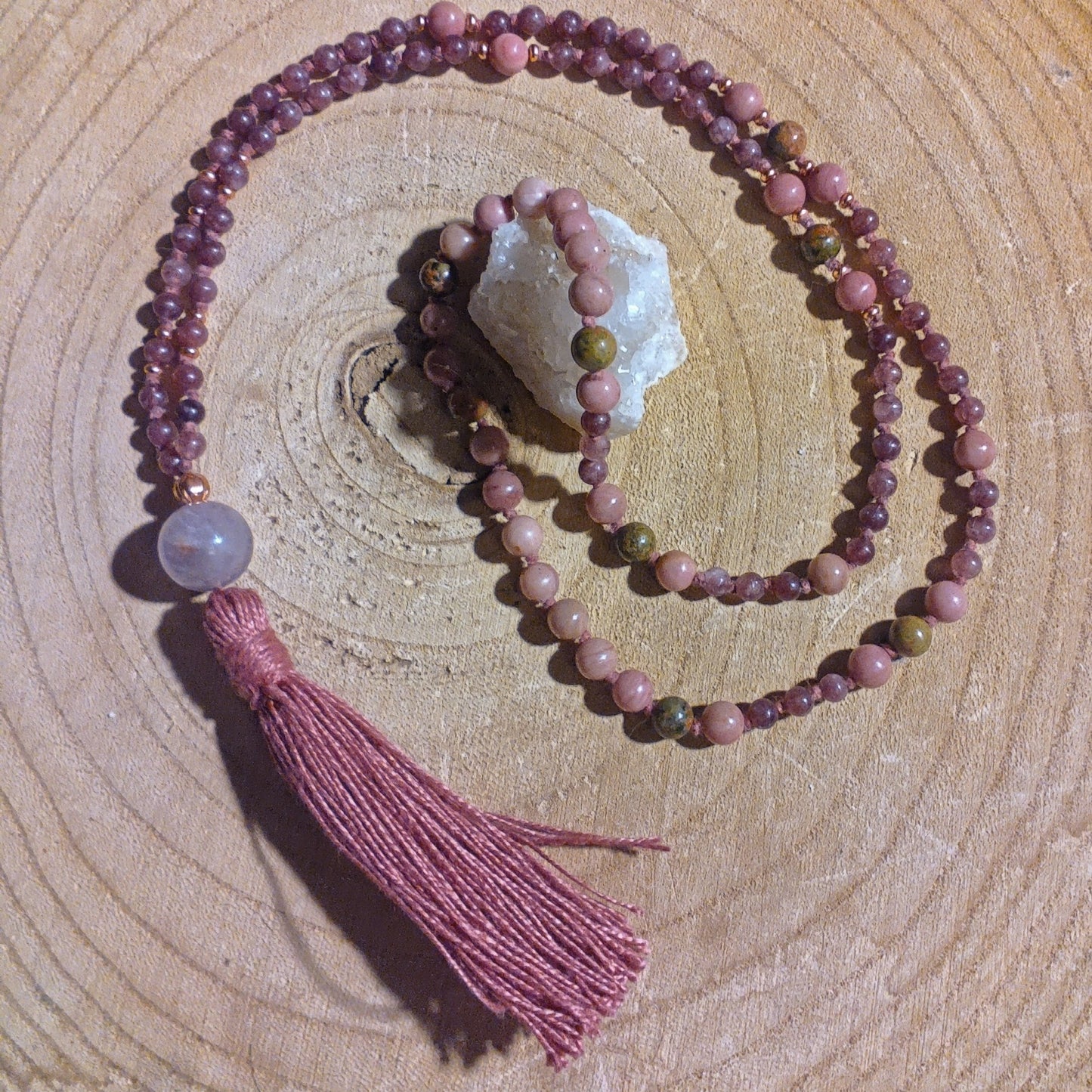 Mala 108 perle di Rodonite, Unakite, Lepidolite, Pietra Guru Ametista, rame