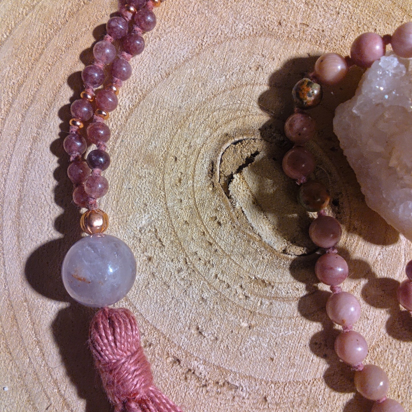 Mala 108 perle di Rodonite, Unakite, Lepidolite, Pietra Guru Ametista, rame